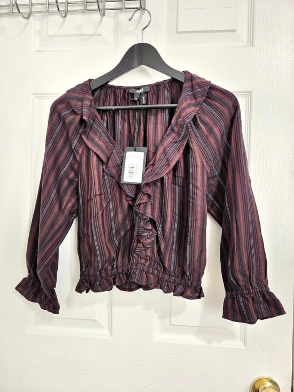 Paige Halley Top Striped Ruffle Blouse Black & PurpleXXS NWT